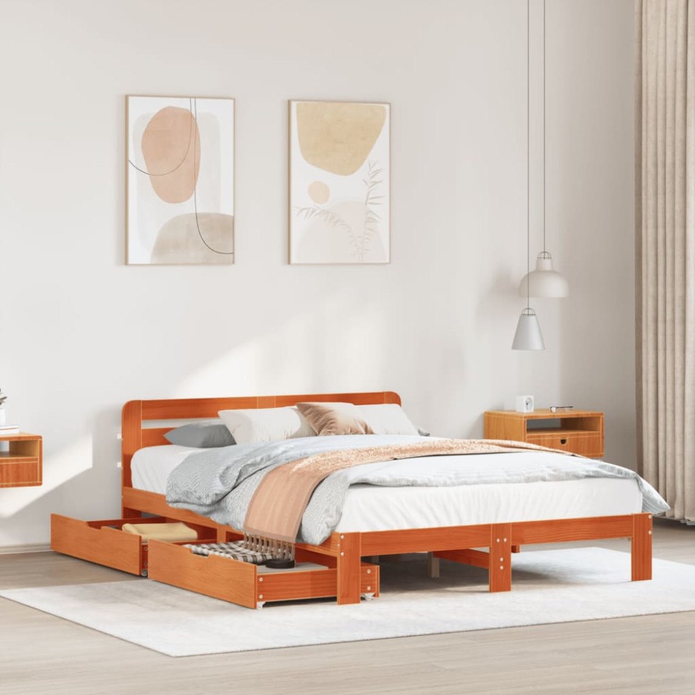 vidaXL Sängram utan madrass vaxbrun 135x190 cm massiv furu