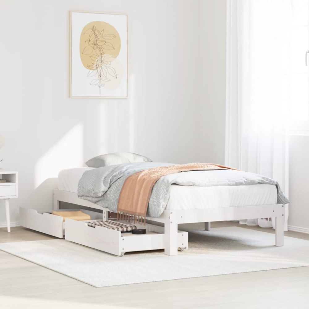 vidaXL Sängram med lådor vit 90x200 cm massiv furu