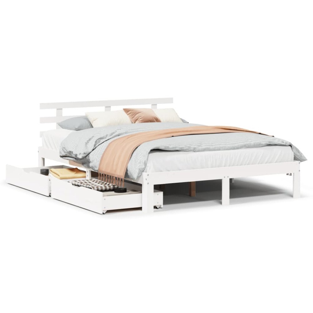 vidaXL Sängram med lådor vit 150x200 cm massiv furu