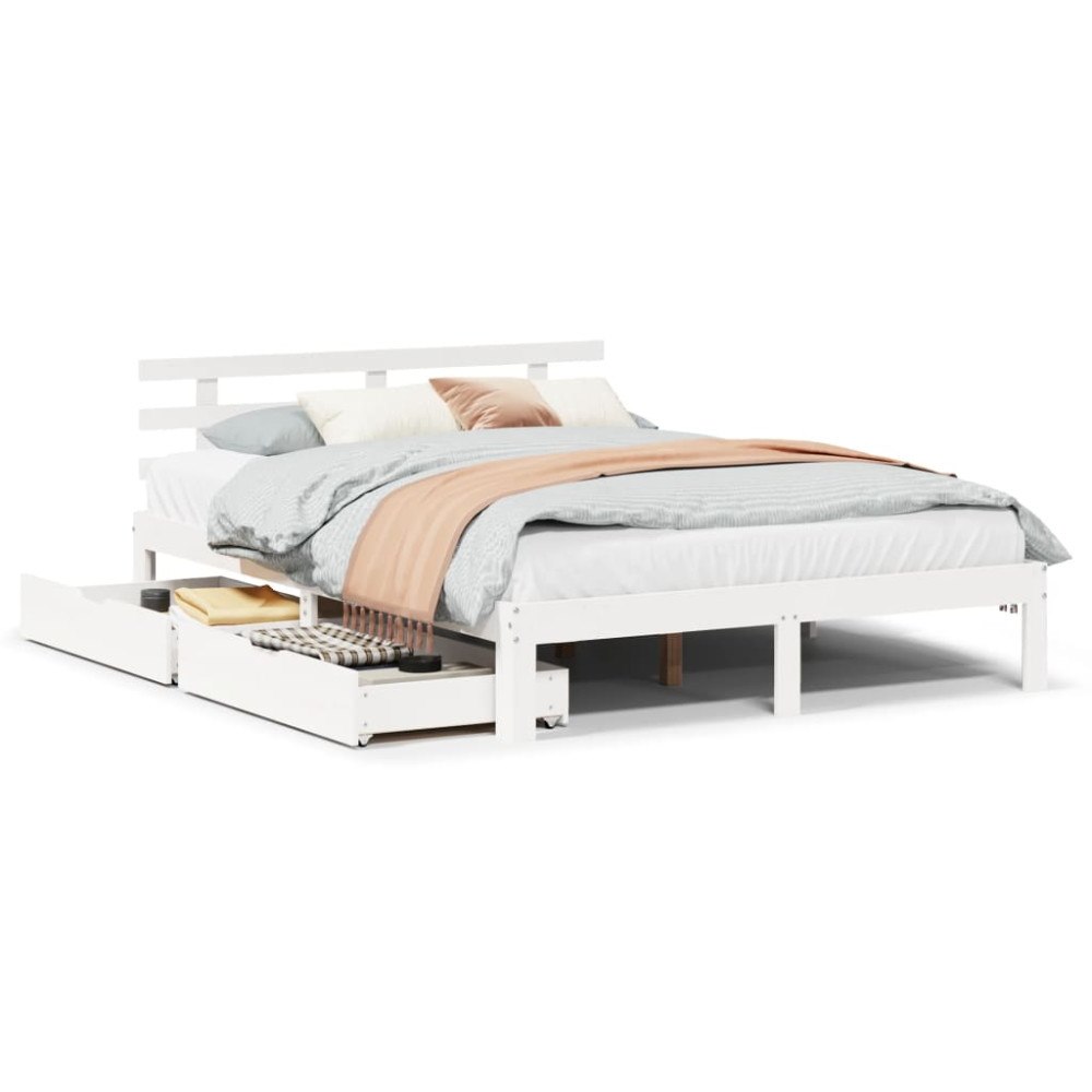 vidaXL Sängram med lådor vit 140x200 cm massiv furu