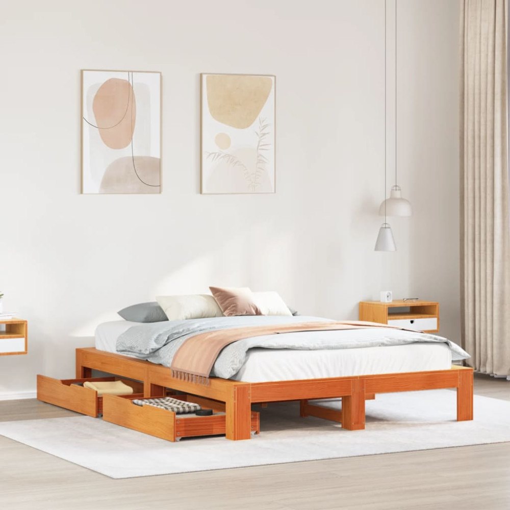 vidaXL Sängram utan madrass vaxbrun 140x200 cm massiv furu