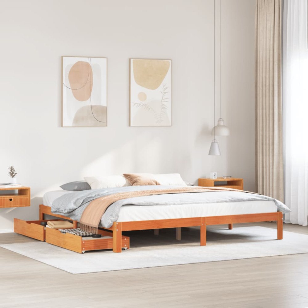 vidaXL Sängram med lådor vaxad brun 180x200 cm massiv furu