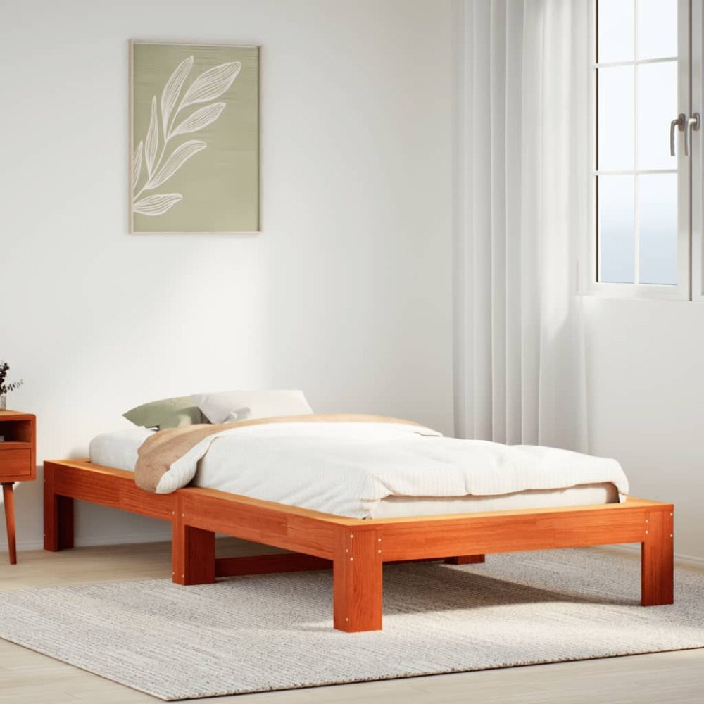 vidaXL Sängram utan madrass vaxad brun 90x200 cm massiv furu