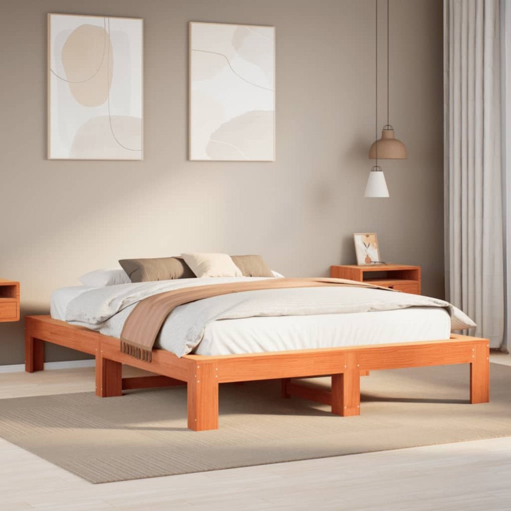 vidaXL Sängram utan madrass vaxbrun 140x200 cm massiv furu