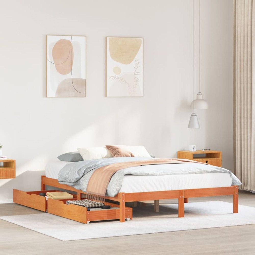 vidaXL Sängram utan madrass vaxbrun 160x200 cm massiv furu