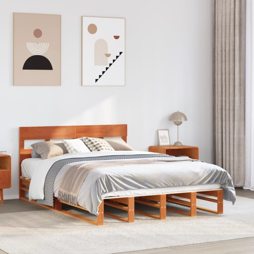vidaXL Sängram utan madrass vaxbrun 140x190 cm massiv furu