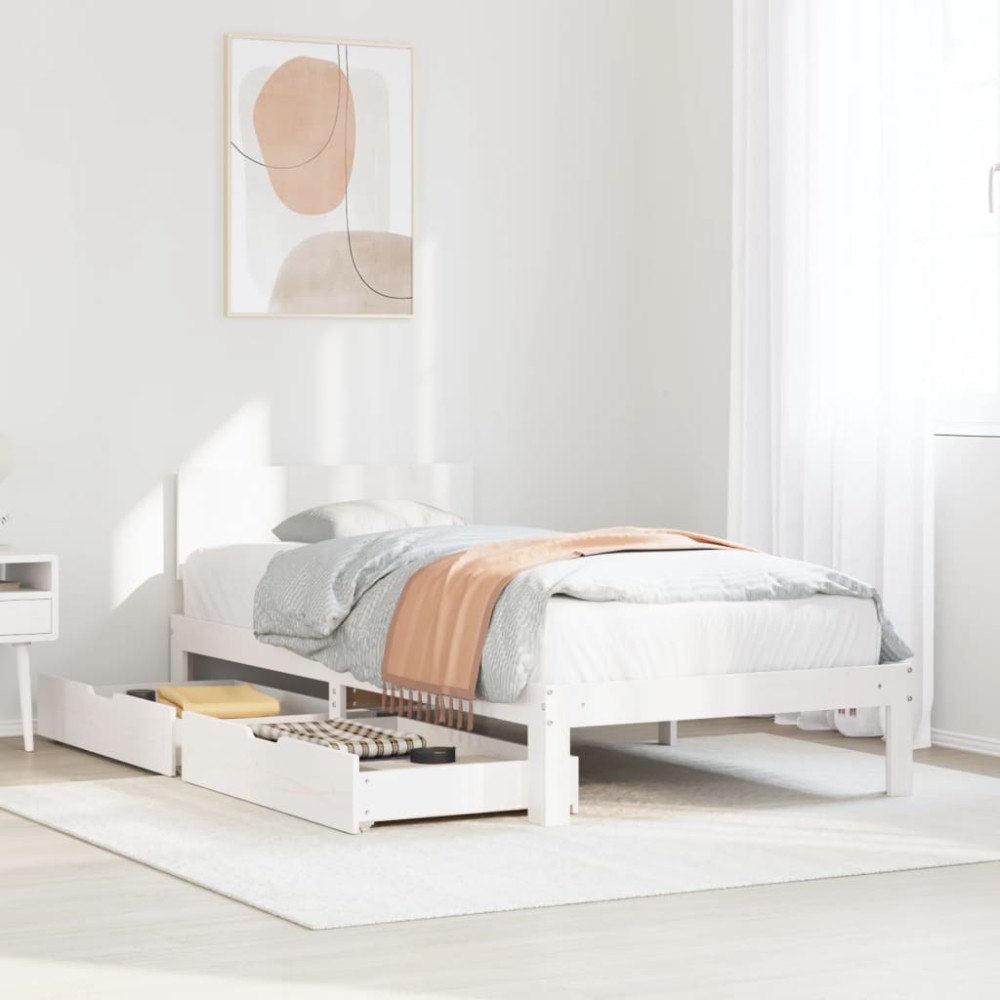 vidaXL Sängram med lådor vit 100x200 cm massiv furu