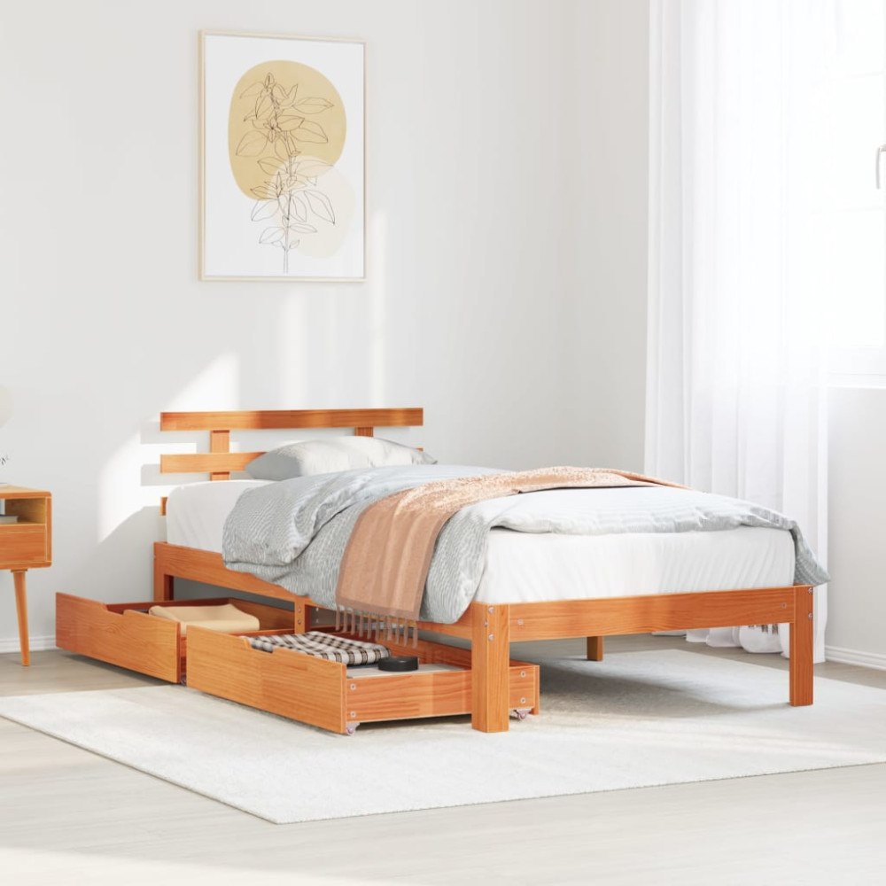 vidaXL Sängram med lådor vaxad brun 100x200 cm massiv furu