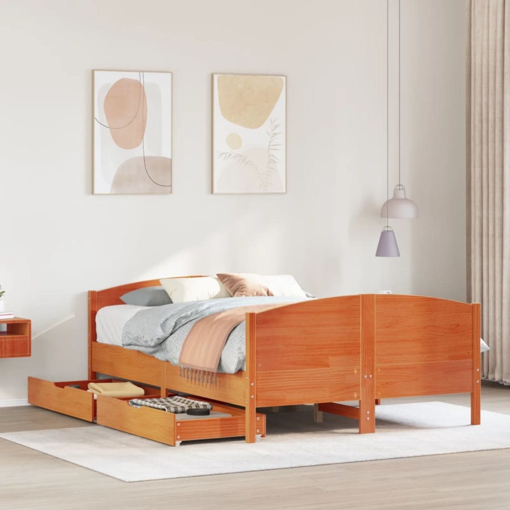 vidaXL Sängram utan madrass vaxbrun 140x190 cm massiv furu
