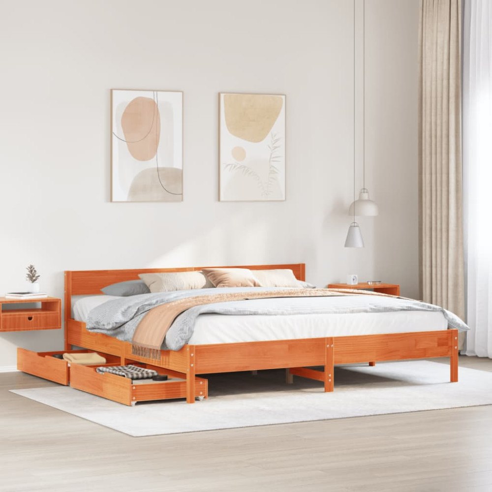 vidaXL Sängram utan madrass vaxbrun 180x200 cm massiv furu