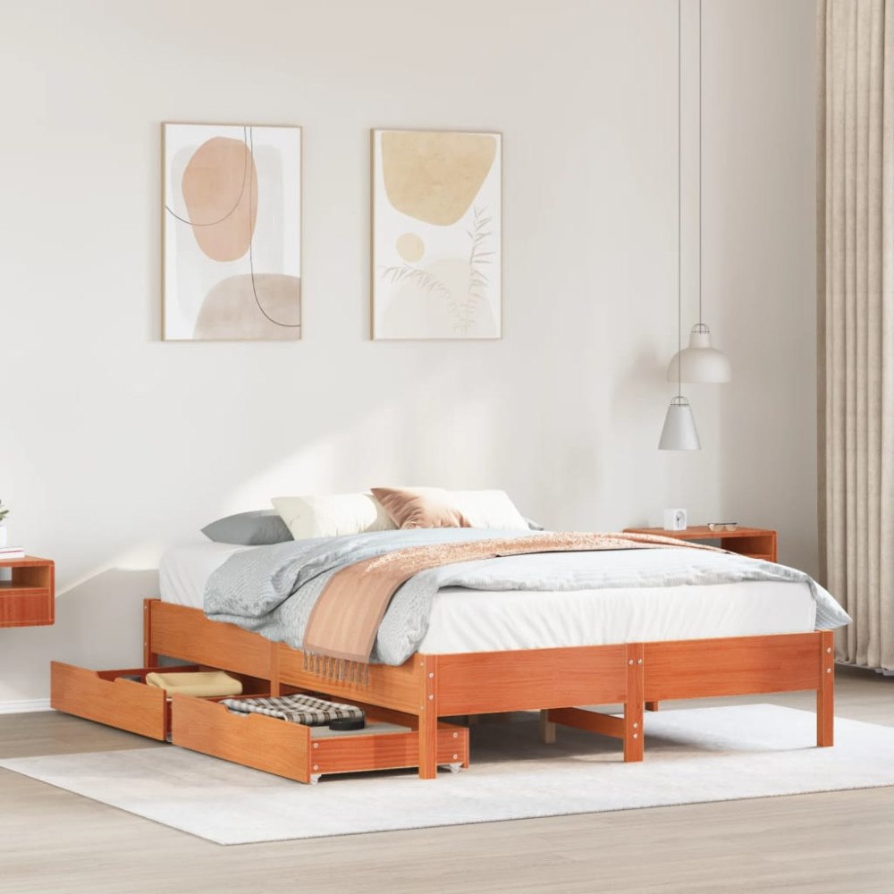 vidaXL Sängram utan madrass vaxbrun 140x190 cm massiv furu