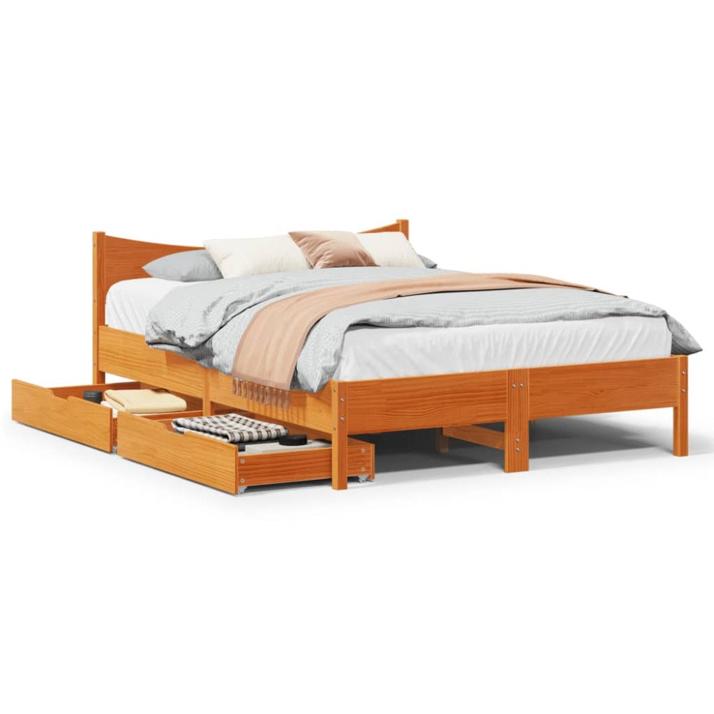 vidaXL Sängram med lådor vaxad brun 140x190 cm massiv furu
