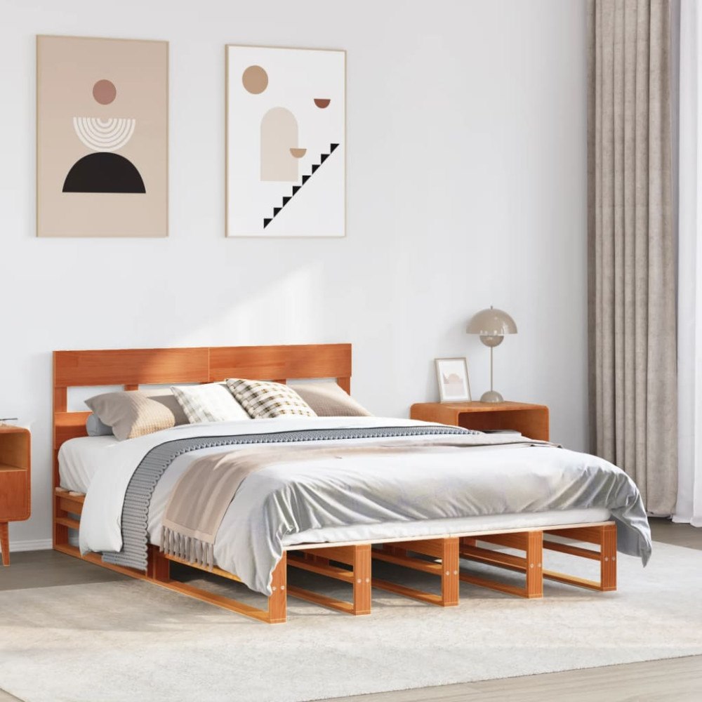 vidaXL Sängram utan madrass vaxbrun 160x200 cm massiv furu