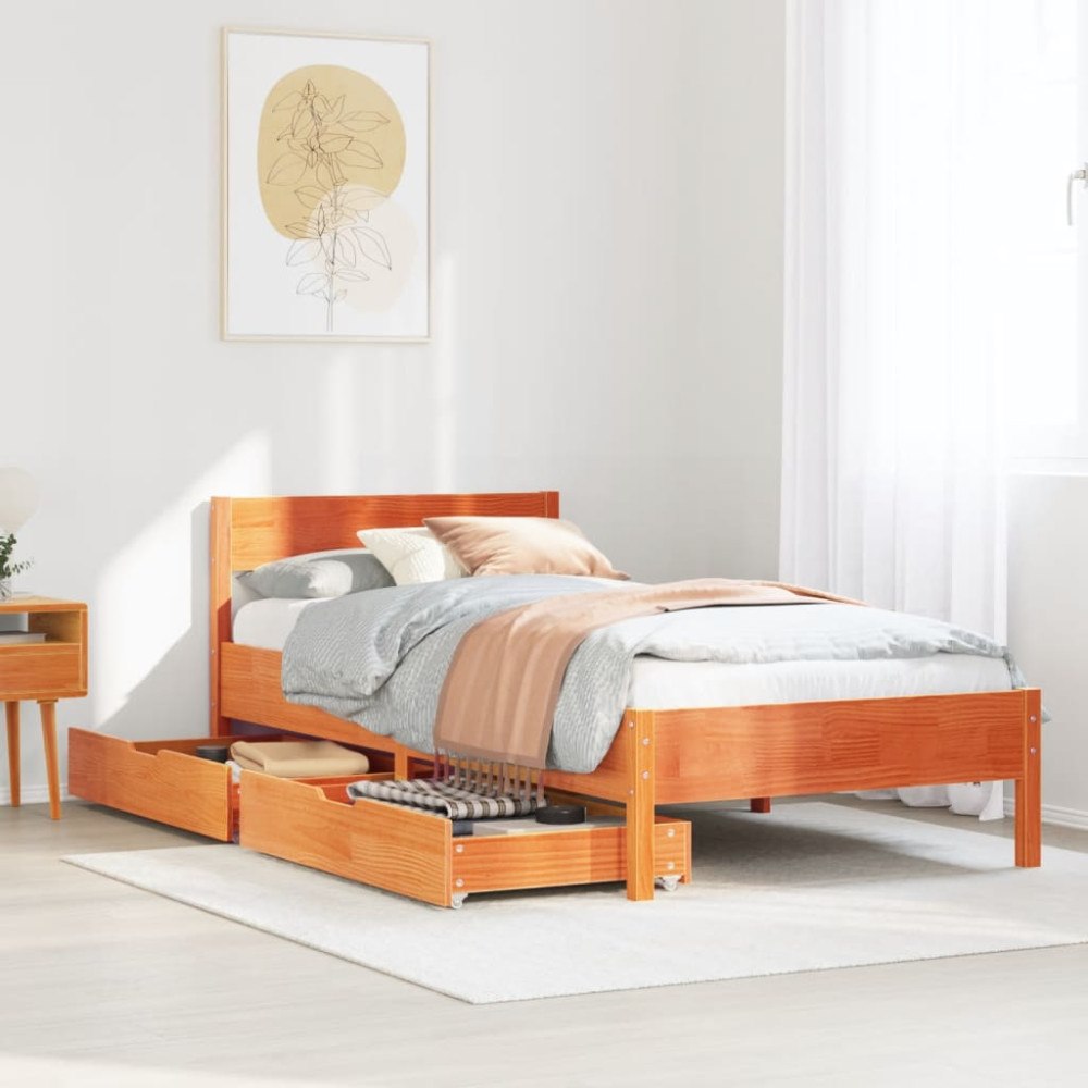 vidaXL Sängram utan madrass vaxad brun 90x200 cm massiv furu