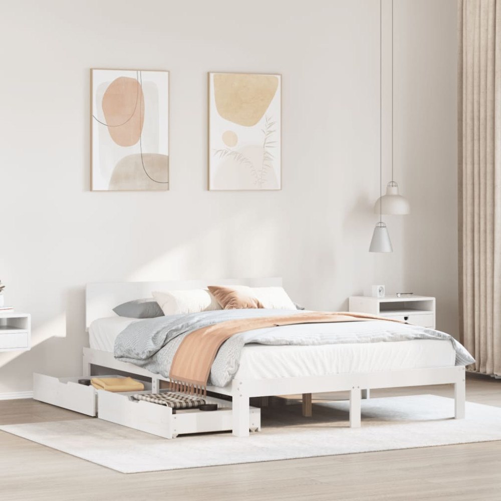 vidaXL Sängram med lådor vit 150x200 cm massiv furu