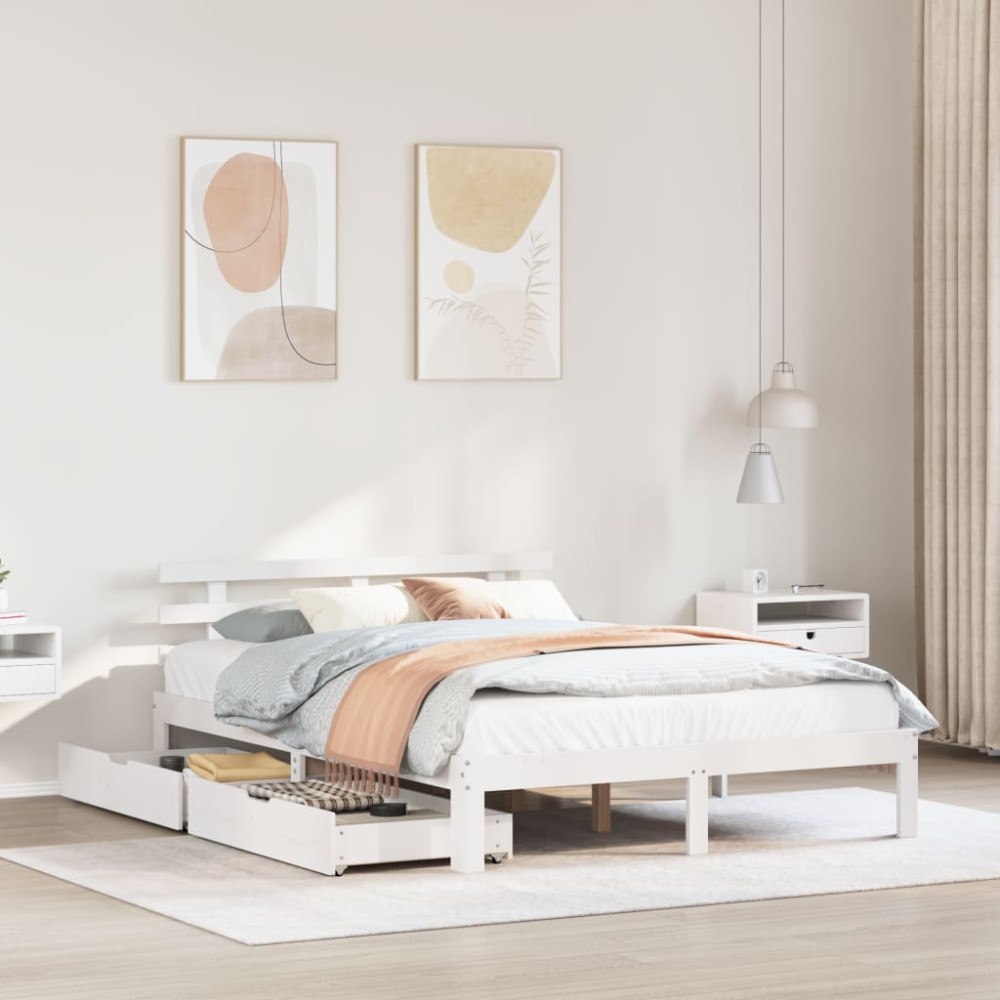 vidaXL Sängram med lådor vit 135x190 cm massiv furu