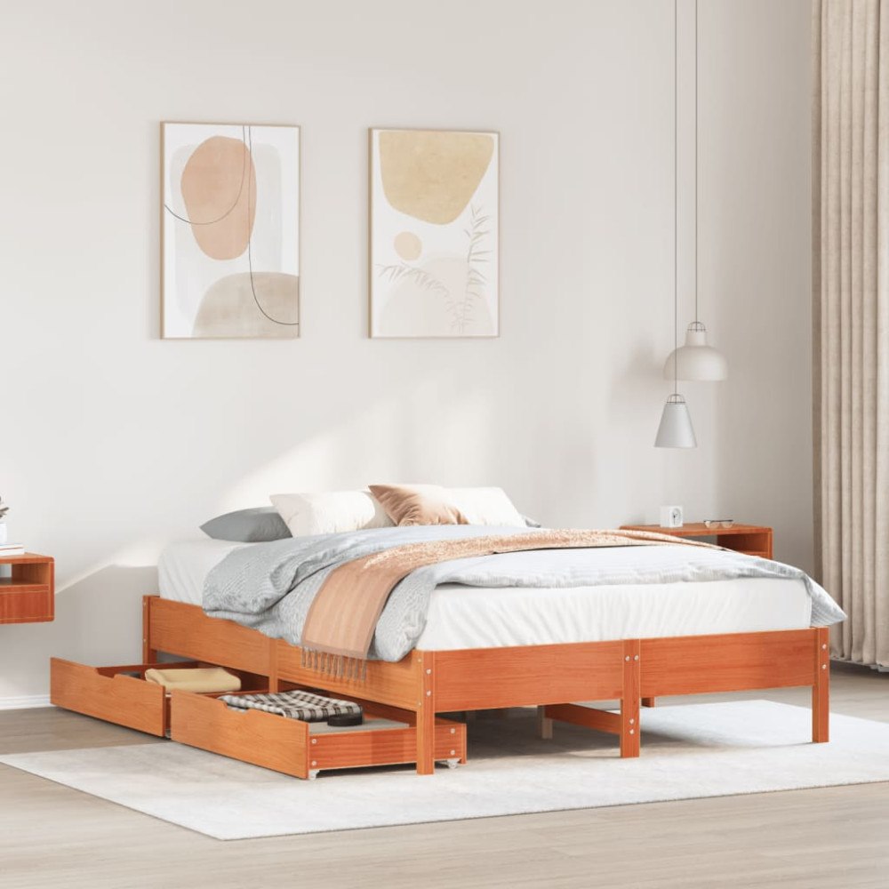 vidaXL Sängram utan madrass vaxbrun 140x200 cm massiv furu