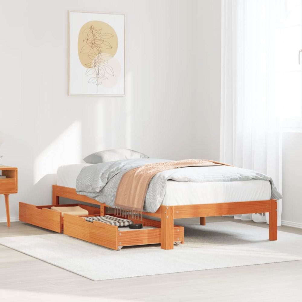 vidaXL Sängram med lådor vaxad brun 75x190 cm massiv furu
