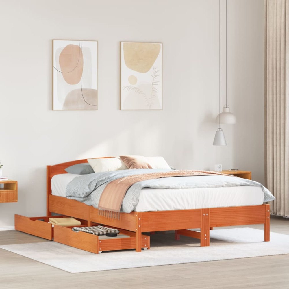 vidaXL Sängram utan madrass vaxbrun 140x190 cm massiv furu