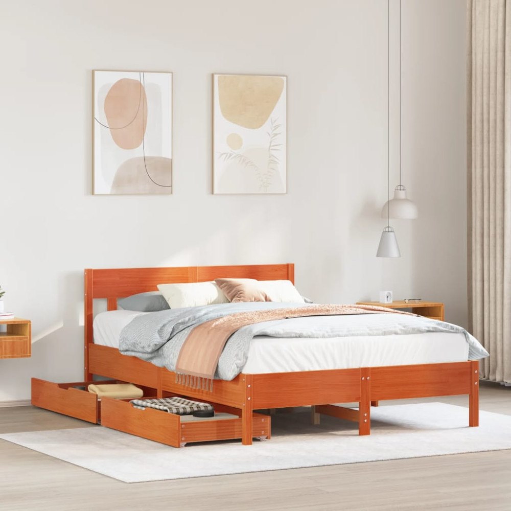 vidaXL Sängram utan madrass vaxbrun 140x200 cm massiv furu