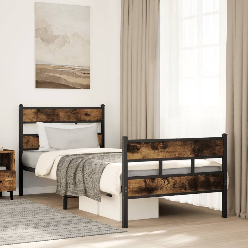 vidaXL Sängram utan madrass metall rökfärgad ek 90x190 cm