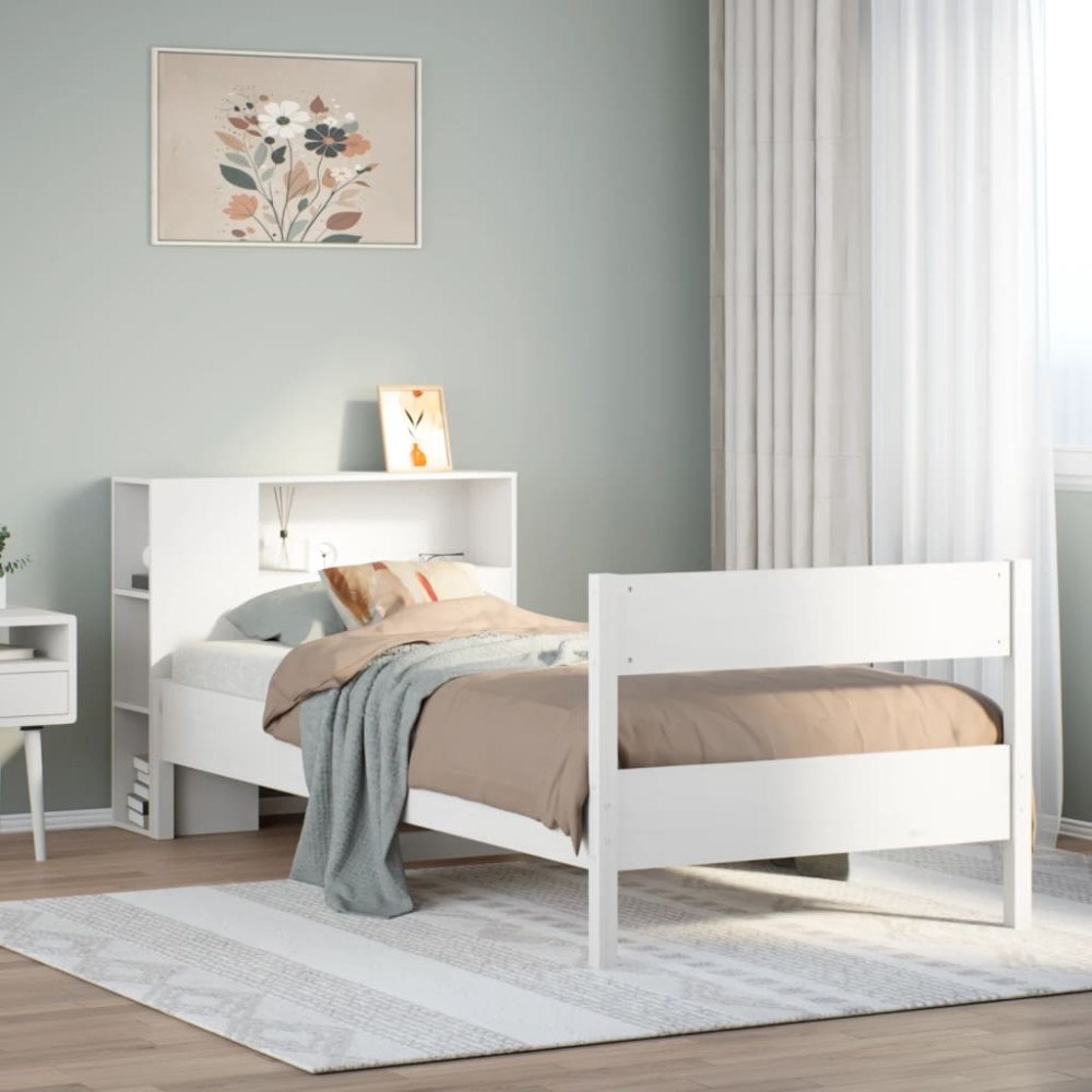 vidaXL Säng med bokhylla utan madrass vit 75x190cm massiv furu