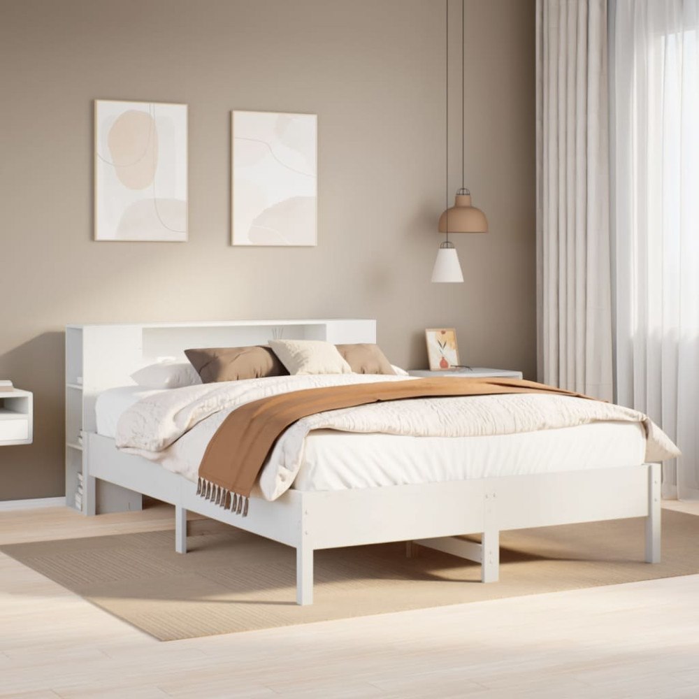 vidaXL Säng med bokhylla utan madrass vit 135x190cm massiv furu