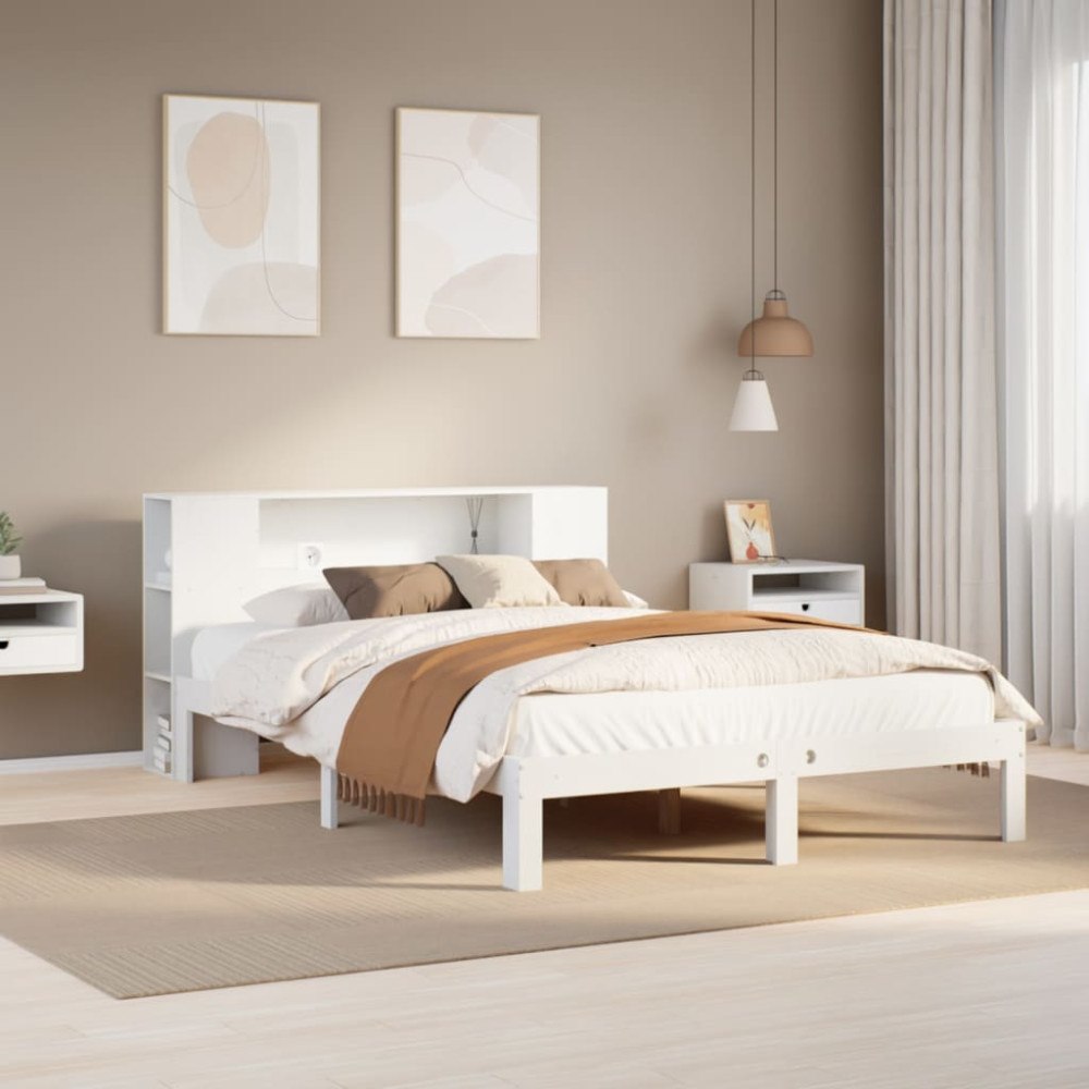 vidaXL Säng med bokhylla utan madrass vit 135x190cm massiv furu