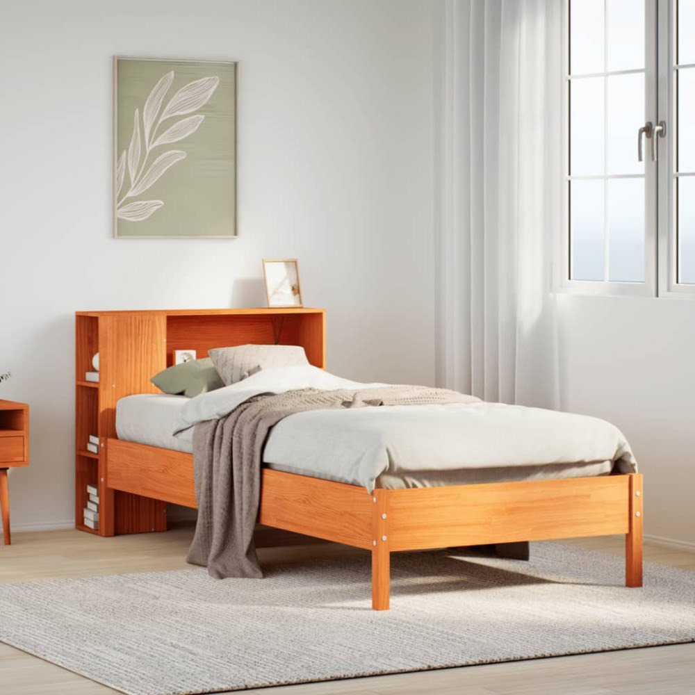 vidaXL Säng med bokhylla utan madrass vaxbrun 100x200 cm massiv furu
