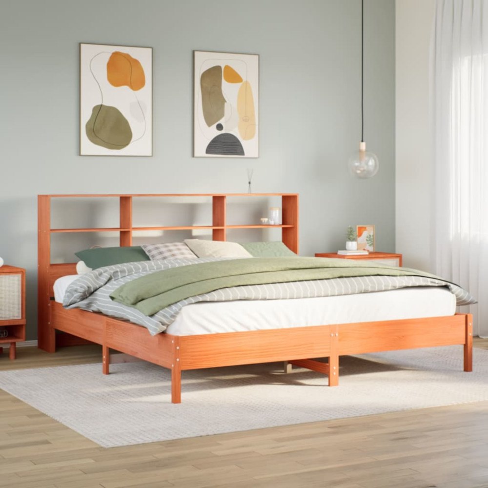 vidaXL Säng med bokhylla utan madrass vaxbrun 200x200cm massiv furu