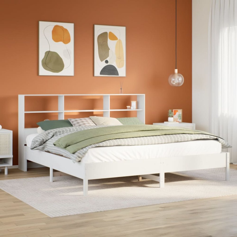 vidaXL Säng med bokhylla utan madrass vit 180x200cm massiv furu