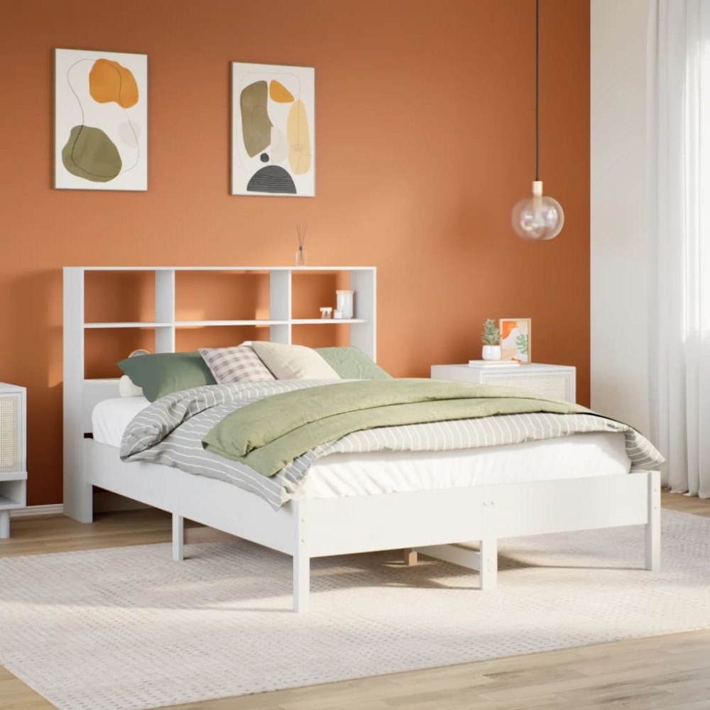 vidaXL Säng med bokhylla utan madrass vit 140x190cm massiv furu
