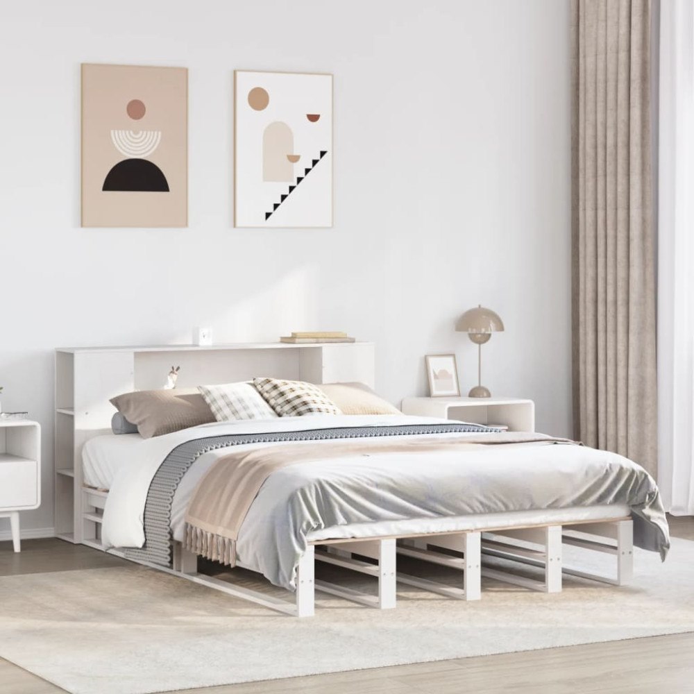vidaXL Säng med bokhylla utan madrass vit 160x200 cm massiv trä