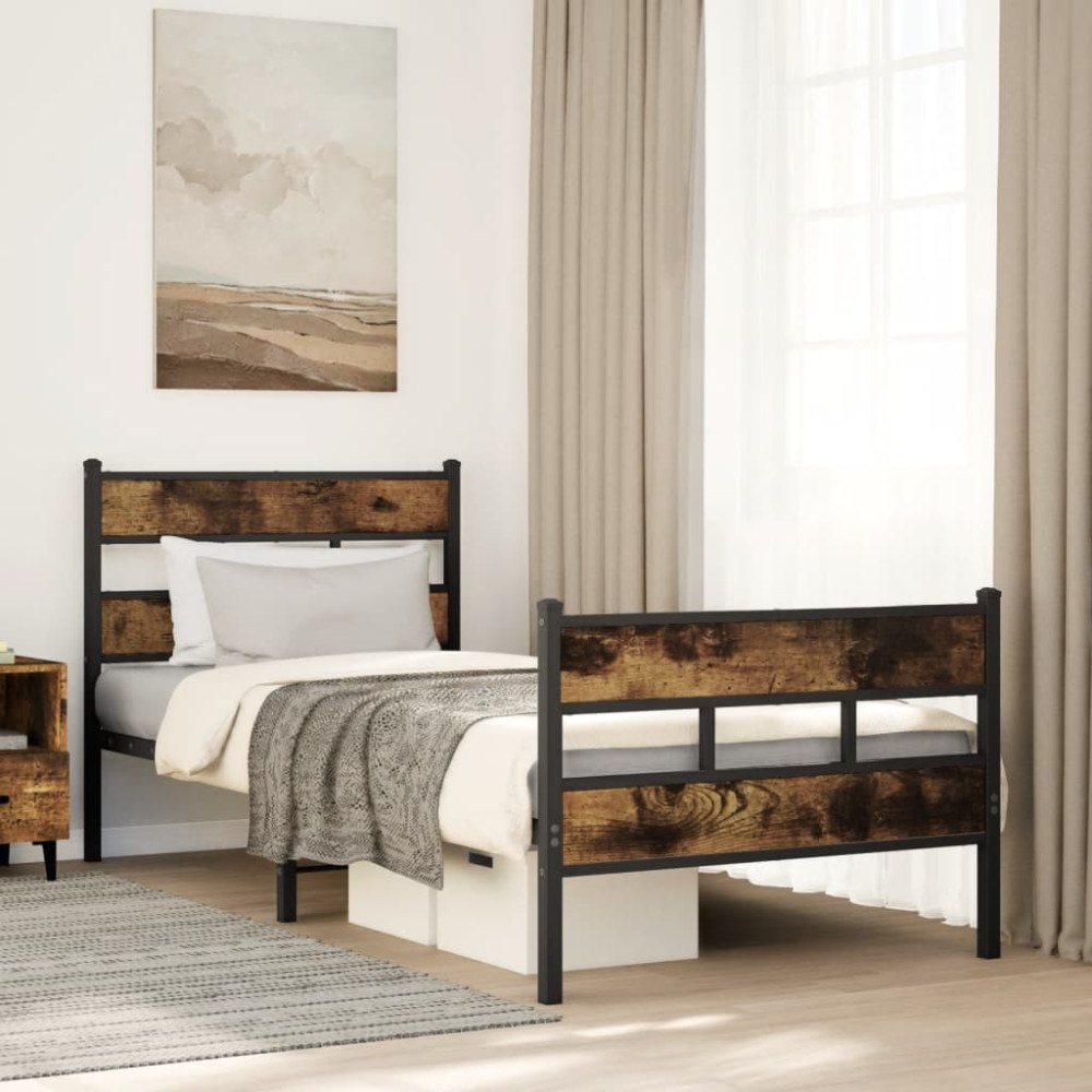 vidaXL Sängram utan madrass metall rökfärgad ek 90x200 cm