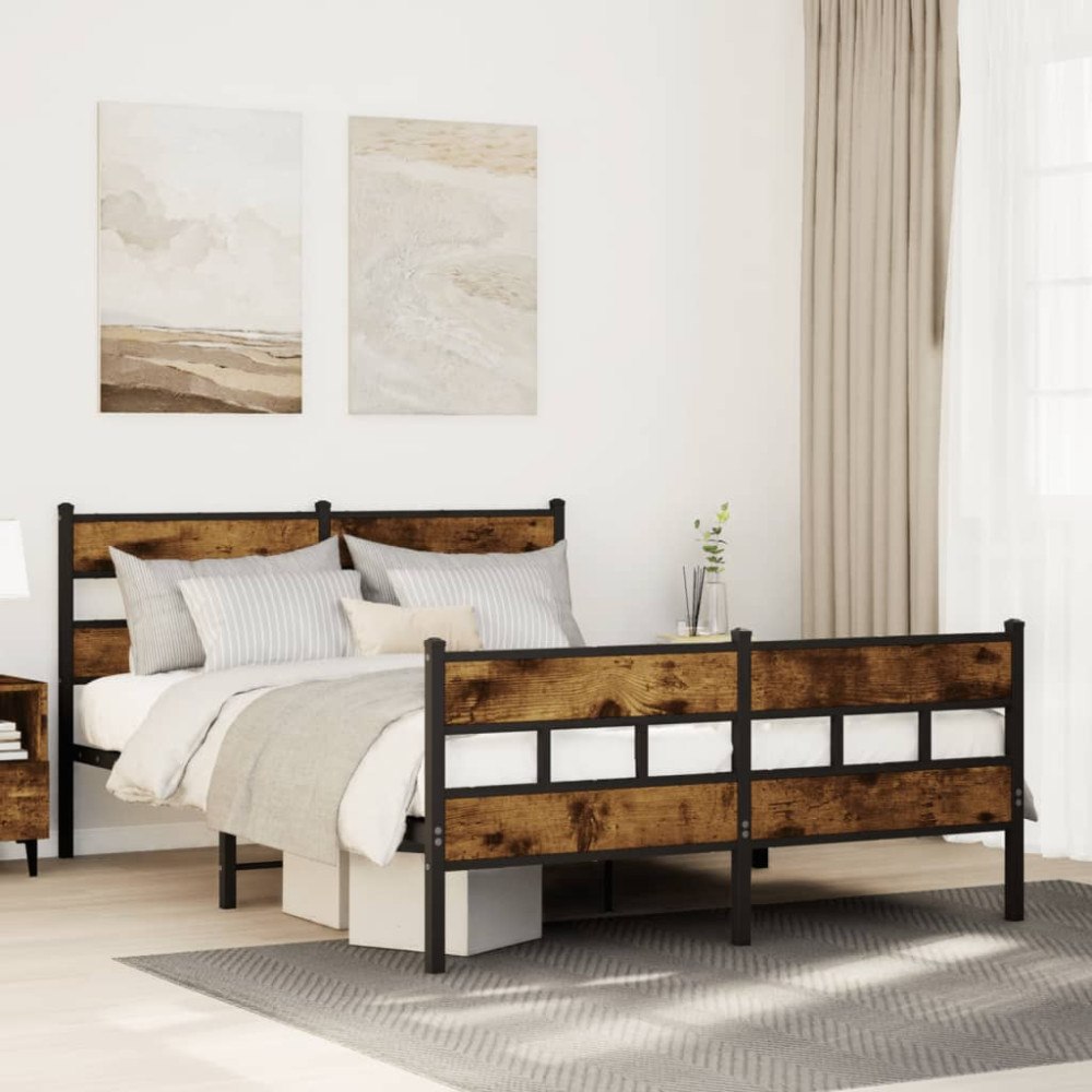 vidaXL Sängram utan madrass metall rökfärgad ek 135x190 cm