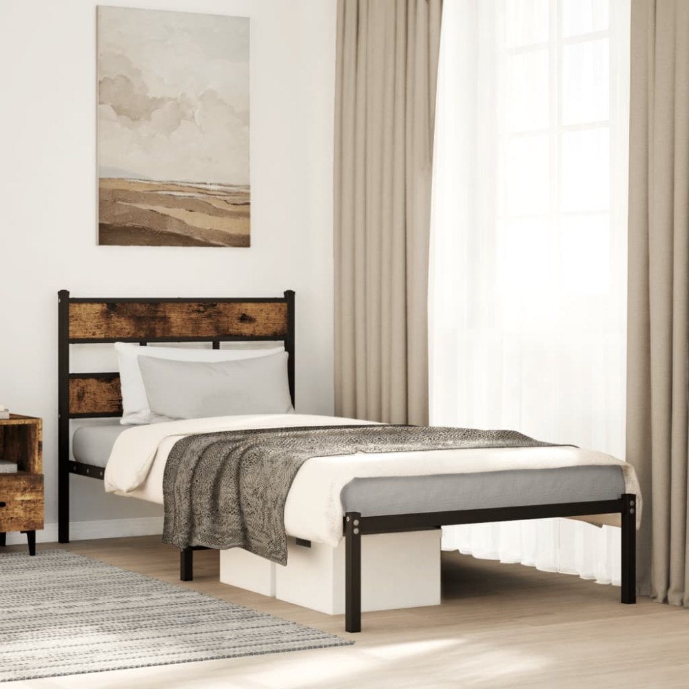 vidaXL Sängram utan madrass metall rökfärgad ek 100x190 cm
