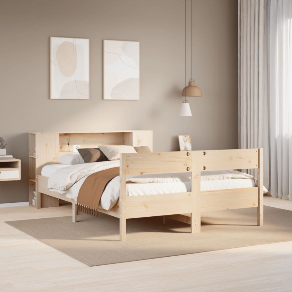 vidaXL Säng med bokhylla utan madrass 135x190cm massiv furu