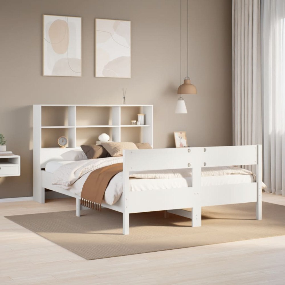 vidaXL Säng med bokhylla utan madrass vit 140x190cm massiv furu