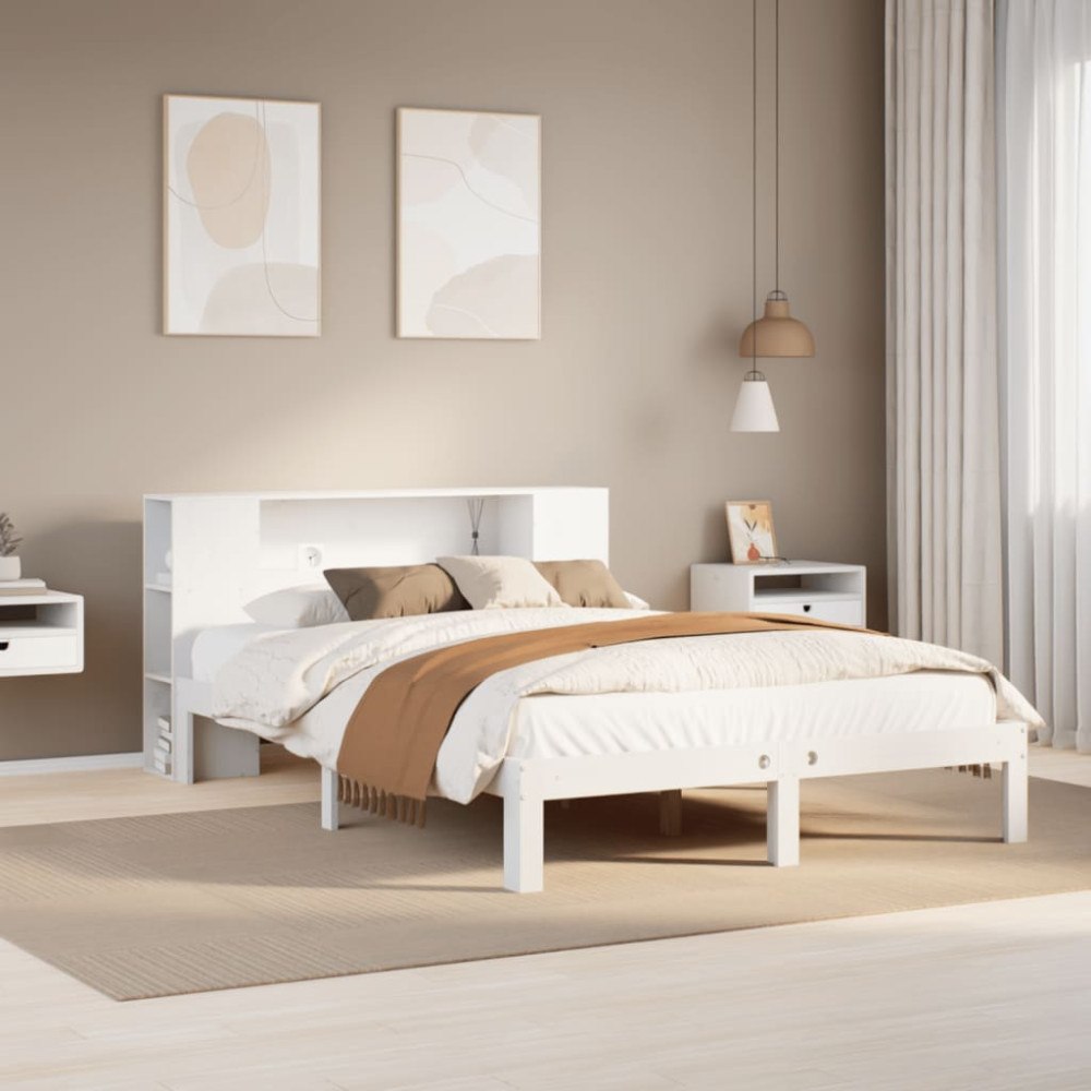 vidaXL Säng med bokhylla utan madrass vit 120x190 cm massiv furu