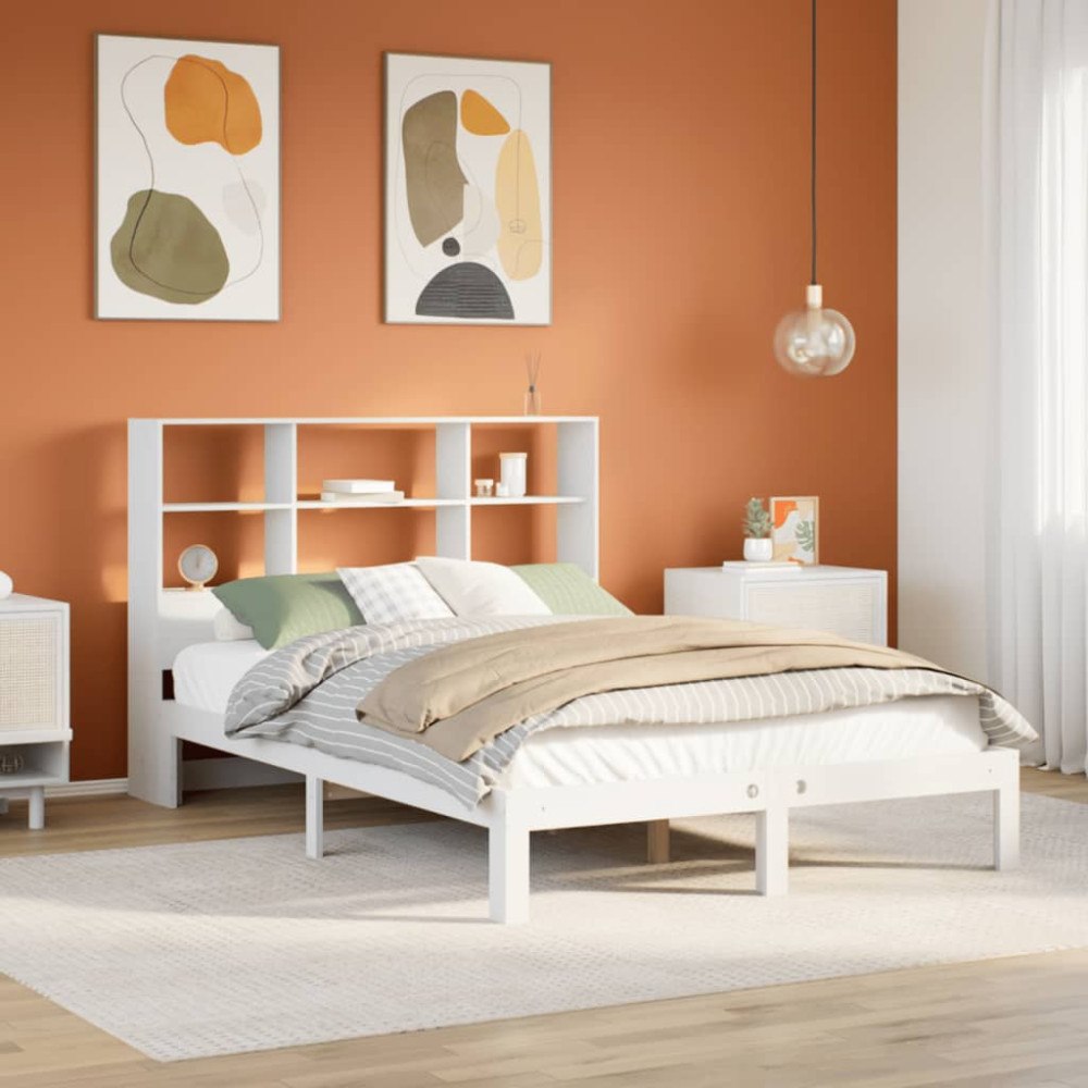 vidaXL Säng med bokhylla utan madrass vit 140x190cm massiv furu