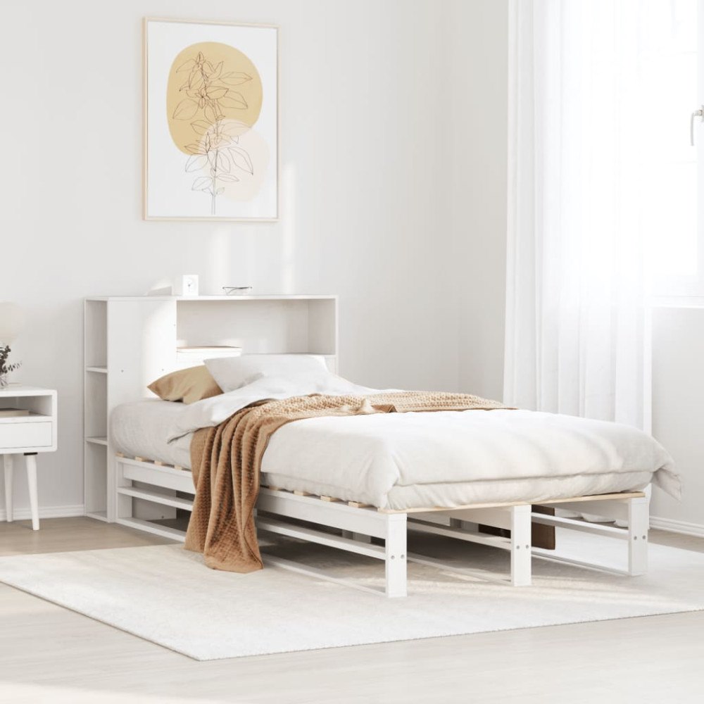 vidaXL Säng med bokhylla utan madrass vit 75x190 cm massiv trä