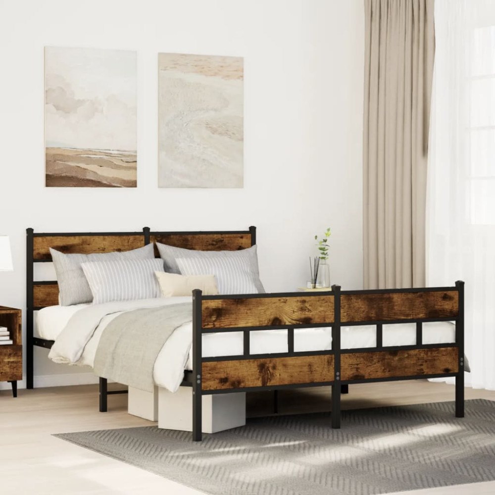 vidaXL Sängram utan madrass metall rökfärgad ek 140x190 cm