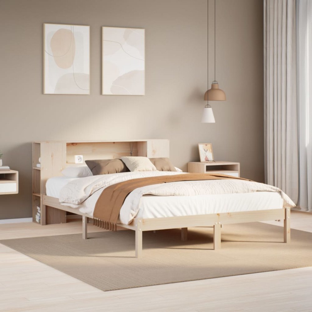 vidaXL Säng med bokhylla utan madrass 135x190cm massiv furu