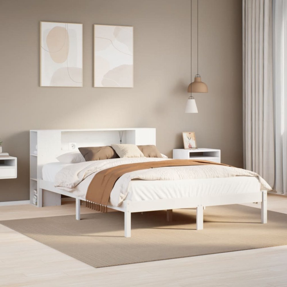 vidaXL Säng med bokhylla utan madrass vit 150x200cm massiv furu