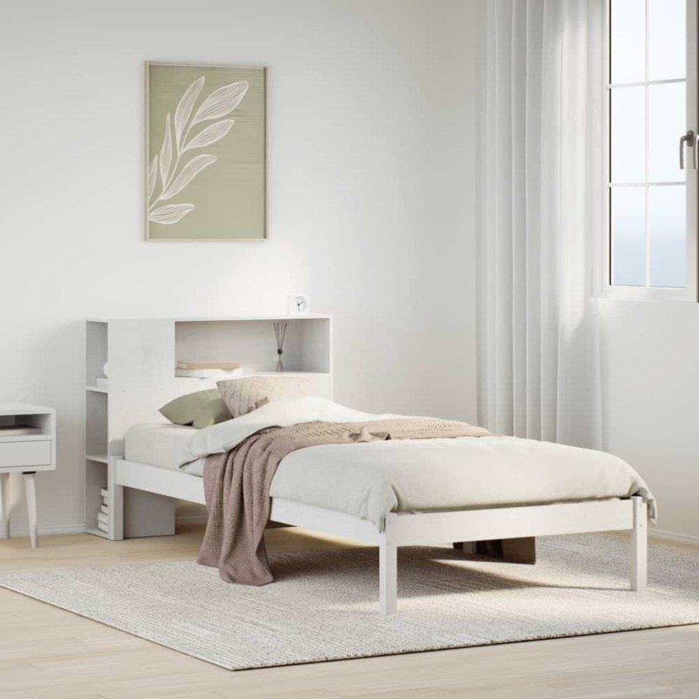 vidaXL Säng med bokhylla utan madrass vit 75x190cm massiv furu