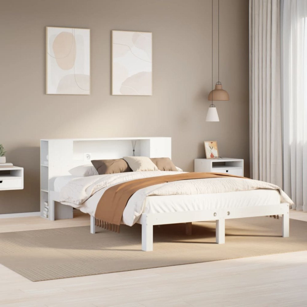 vidaXL Säng med bokhylla utan madrass vit 120x200 cm massiv furu