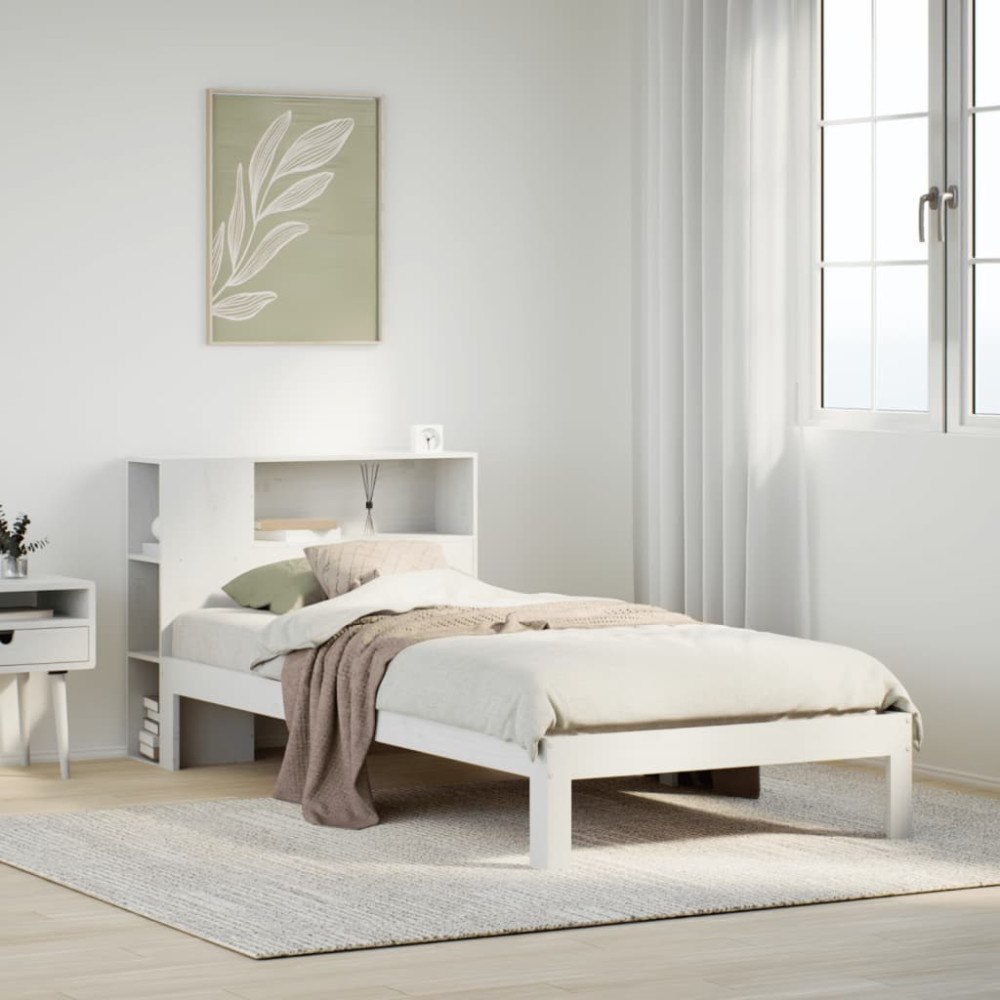 vidaXL Säng med bokhylla utan madrass vit 75x190cm massiv furu