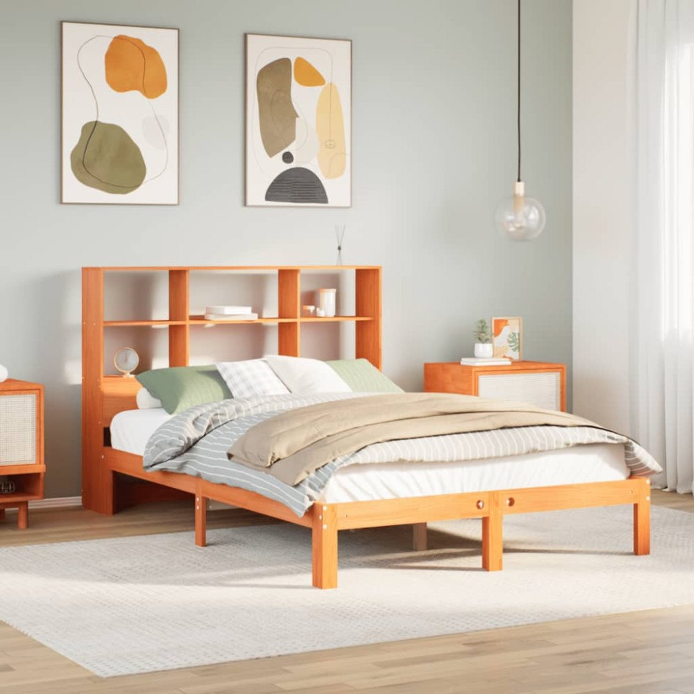 vidaXL Säng med bokhylla utan madrass vaxbrun 140x200cm massiv furu