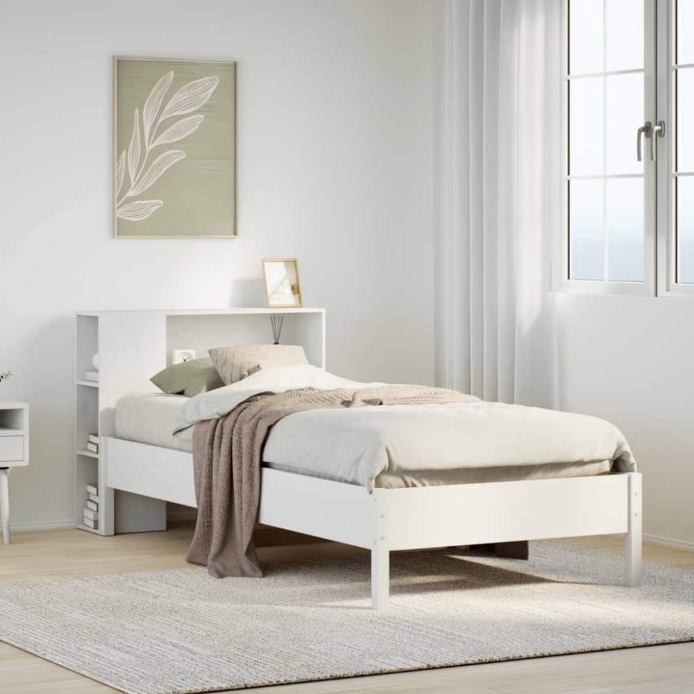 vidaXL Säng med bokhylla utan madrass vit 100x200cm massiv furu
