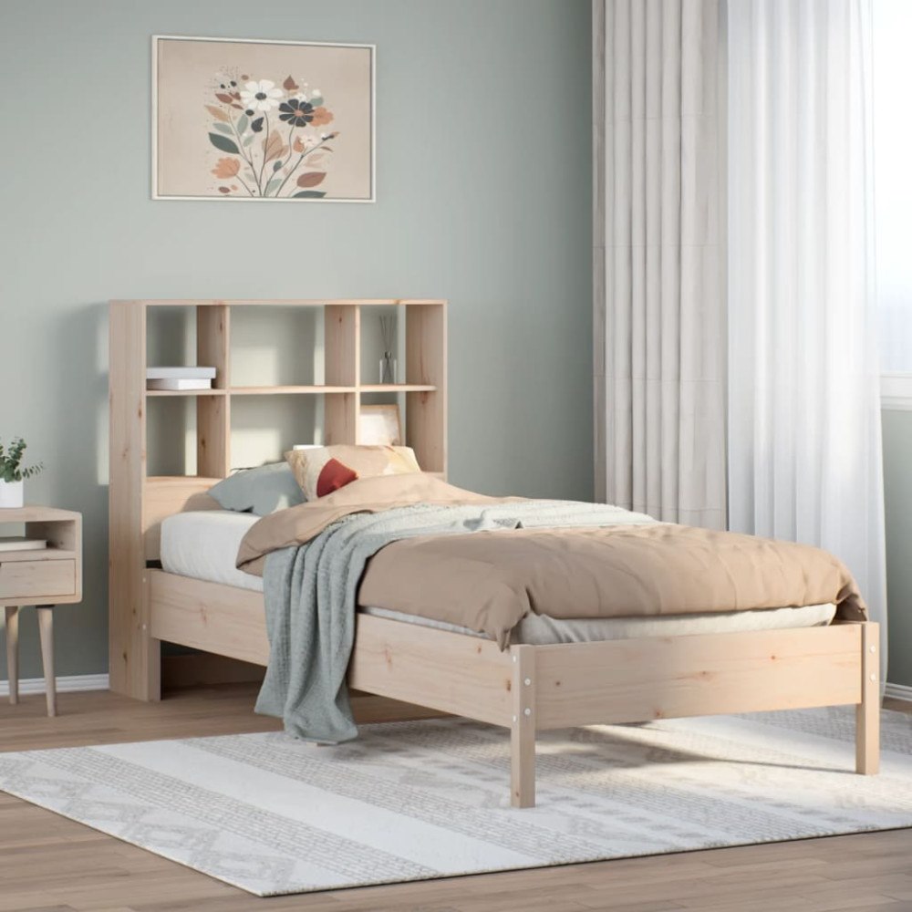 vidaXL Säng med bokhylla utan madrass 90x200cm massiv furu